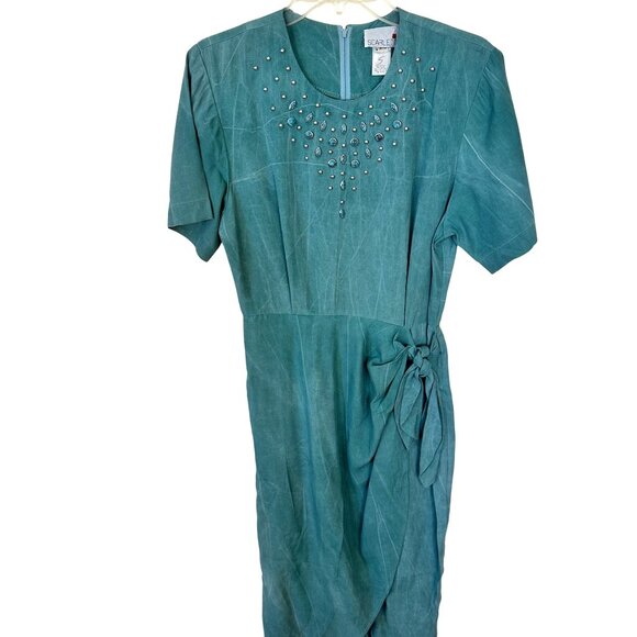 Vtg 80s Scarlett Teal Dress Rhinestone Midi Short Sleeve Small USA Rayon Zip Up - Picture 1 of 9